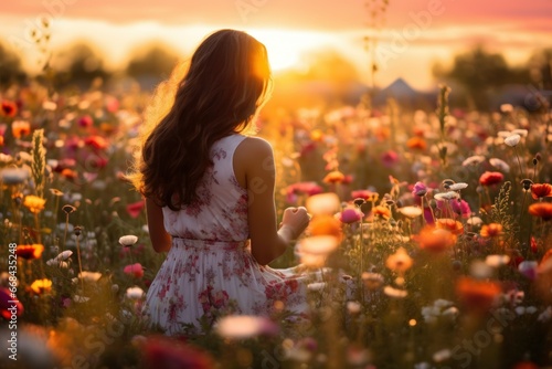 Woman enjoying a peaceful moment in a flower field.