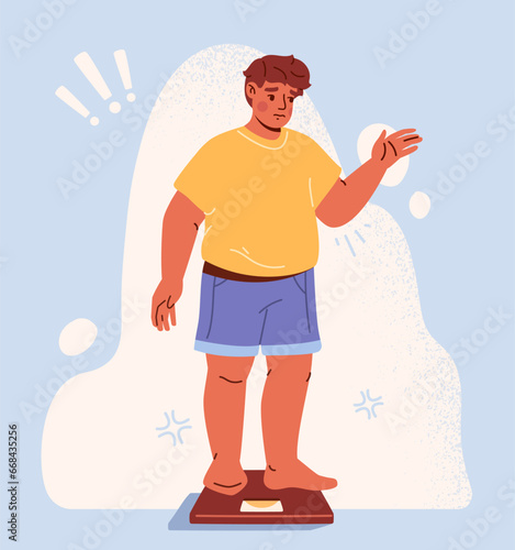 Overweight man concept. Young fatty guy at scales. Problem with food. Obesity and figure loss. Shocked and sad person. Worried oversized boy. Poster or banner. Cartoon flat vector illustration