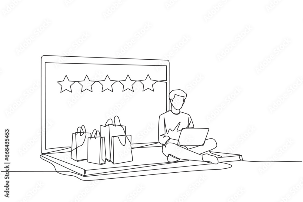 Single continuous line drawing happy man sitting on giant laptop typing on laptop computer. Bought a lot from online shop. Give a rating of 5 stars. Ecommerce. One line design vector illustration Single continuous line drawing happy man sitting on giant laptop typing on laptop computer. Bought a lot from online shop. Give a rating of 5 stars. Ecommerce. One line design vector illustration