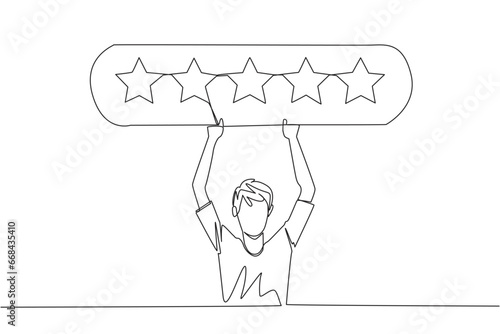Continuous one line drawing young happy man holding rating board which contains 5 stars. Star rating. Positive review. Online shopping with give 5 rating. Single line draw design vector illustration