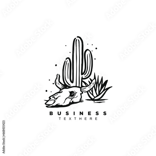 Vintage retro line art western desert cactus with bull skull vector design badge