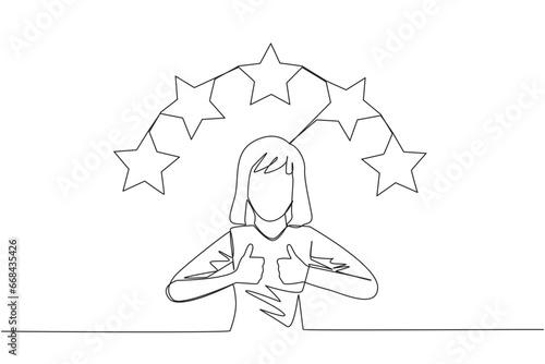 Single one line drawing woman giving two thumbs up, above head there are 5 stars forming semicircle. Exciting online shopping experience. Review 5 star. Continuous line design graphic illustration