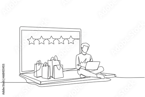Single continuous line drawing happy man sitting on giant laptop typing on laptop computer. Bought a lot from online shop. Give a rating of 5 stars. Ecommerce. One line design vector illustration