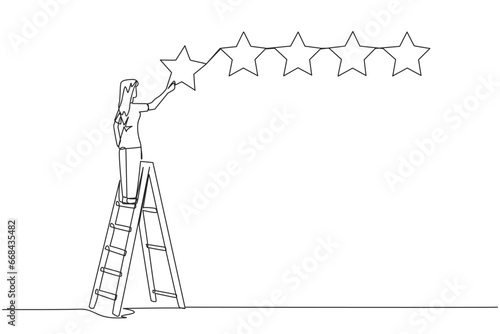 Continuous one line drawing young energetic happy woman climbs ladder carry 1 star, making it 5 stars in a row. Give very good recommendation to the seller. Single line draw design vector illustration