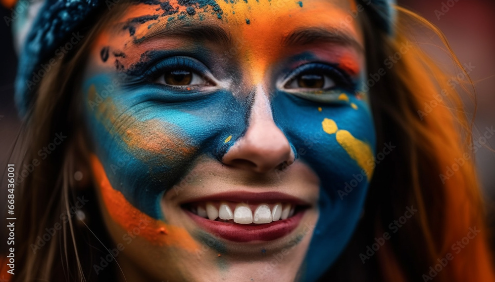 One beautiful woman smiling with face paint in studio shot generated by AI One beautiful woman smiling with face paint in studio shot generated by AI