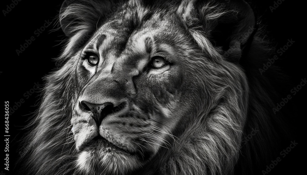 Majestic lion staring with intense focus, showcasing natural beauty generated by AI