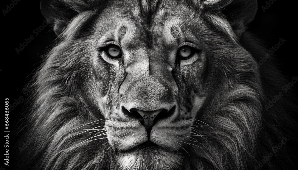 Majestic lion staring with focus on foreground, in monochrome generated by AI