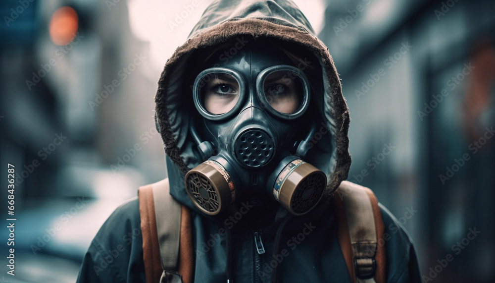 Spooky night, one man in protective workwear, gas mask on generated by AI Spooky night, one man in protective workwear, gas mask on generated by AI