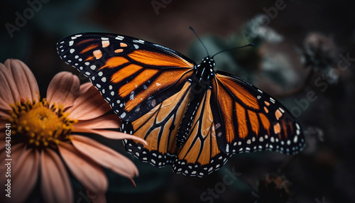 Vibrant monarch butterfly pollinates yellow flower in tranquil nature generated by AI © Stockgiu