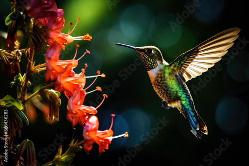 Beautiful and Colorful Hummingbird Feeding on Nectar Flowers - Vibrant Bird Photography Amidst the Floral Beauty of Nature Palette