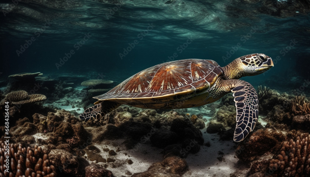 Green hawksbill turtle swims in tranquil underwater reef environment generated by AI