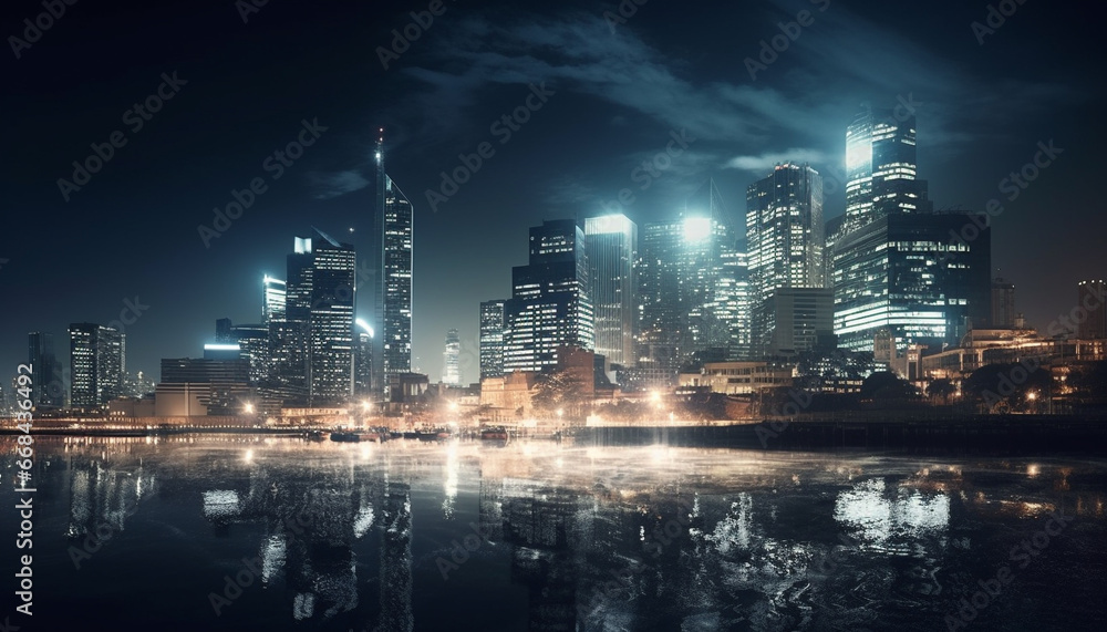 Fototapeta premium Illuminated skyscrapers reflect on the dark waterfront at twilight generated by AI