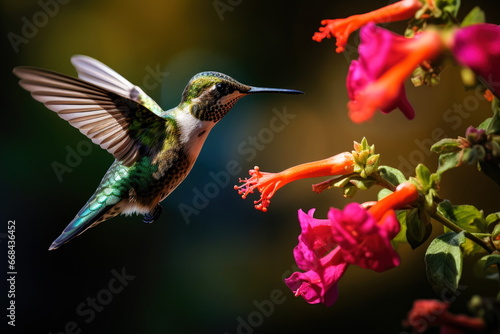 Beautiful and Colorful Hummingbird Feeding on Nectar Flowers - Vibrant Bird Photography Amidst the Floral Beauty of Nature Palette