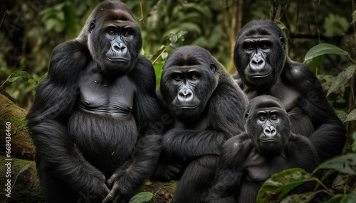 Primate family sitting in tropical rainforest, staring at camera generated by AI