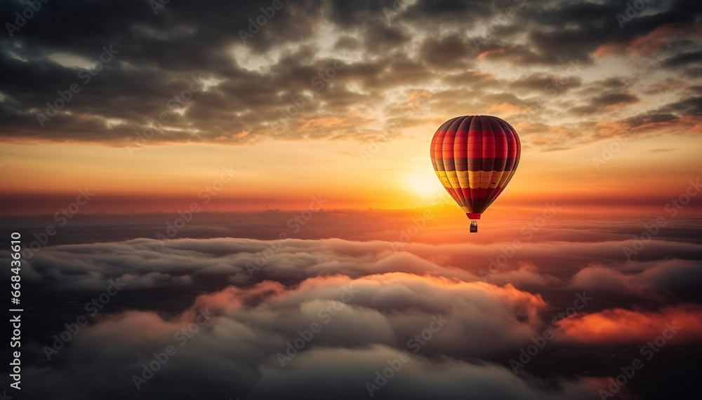 Multi colored hot air balloon flying high in tranquil sky generated by AI