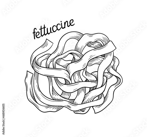 Pasta line concept. Fettuccine shape of macaroni. Traditional italian cuisine and kitchen. Graphic element for website. Linear flat vector illustration isolated on white background