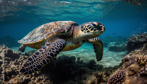 Swimming with endangered sea turtles in idyllic underwater paradise generated by AI
