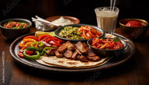 Grilled beef taco on wooden plate, fresh and delicious generated by AI