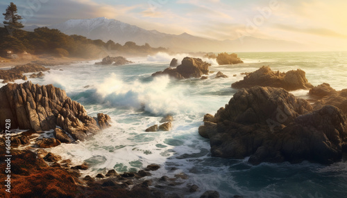 Idyllic coastline waves breaking, rocks, sunset, surf, cliffs, beauty generated by AI