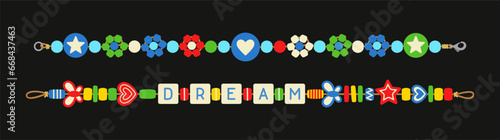 Plastic bracelets set. Accessory and decoration. Multicolored symbols on rope. Era hippie, positivity and optimism. Poster or banner. Cartoon flat vector collection isolated on black background