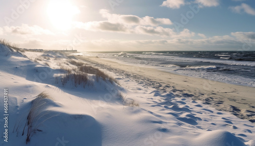 Tranquil sunset  blue wave  sandy coastline  nature beauty in winter generated by AI