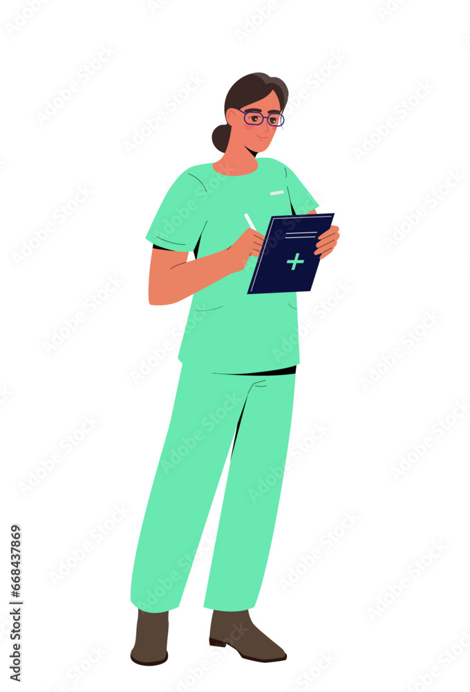 Person of various profession concept. Doctor or nurse with textbook. Woman in medical uniform. Labour international holiday. Cartoon flat vector illustration isolated on white background Person of various profession concept. Doctor or nurse with textbook. Woman in medical uniform. Labour international holiday. Cartoon flat vector illustration isolated on white background