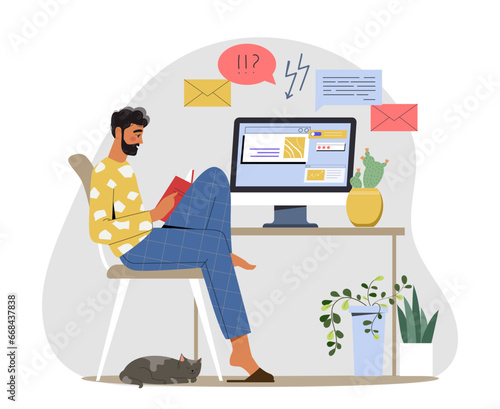 Procrastinating man indoor concept. Young guy with book sitting near table with computer. Mental and psychological problems. Cartoon flat vector illustration isolated on white background