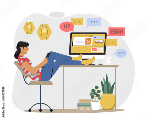 Procrastinating woman indoor concept. Girl with book sitting near table with pc. Emotional burnout and frustration. Poster or banner. Cartoon flat vector illustration isolated on white background