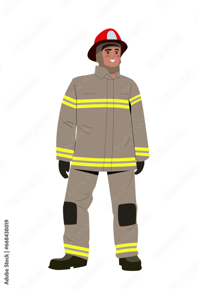 Person of various profession concept. Firefighter in protective uniform. Man in red hat. Safety and security. Poster or banner. Cartoon flat vector illustration isolated on white background Person of various profession concept. Firefighter in protective uniform. Man in red hat. Safety and security. Poster or banner. Cartoon flat vector illustration isolated on white background