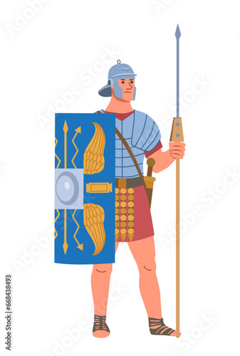 Ancient rome person. History and culture. Man with spear and shield in armor. Warrior and gladiator. Poster or banner. Cartoon flat vector illustration isolated on white background