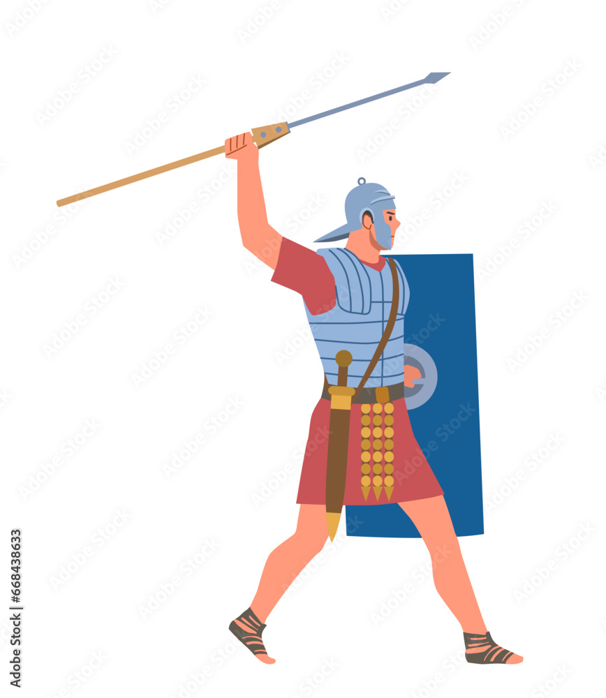 Ancient rome person. History and culture. Man with spear and shield in armor. Warrior and gladiator. Armed conflict and war. Cartoon flat vector illustration isolated on white background Ancient rome person. History and culture. Man with spear and shield in armor. Warrior and gladiator. Armed conflict and war. Cartoon flat vector illustration isolated on white background