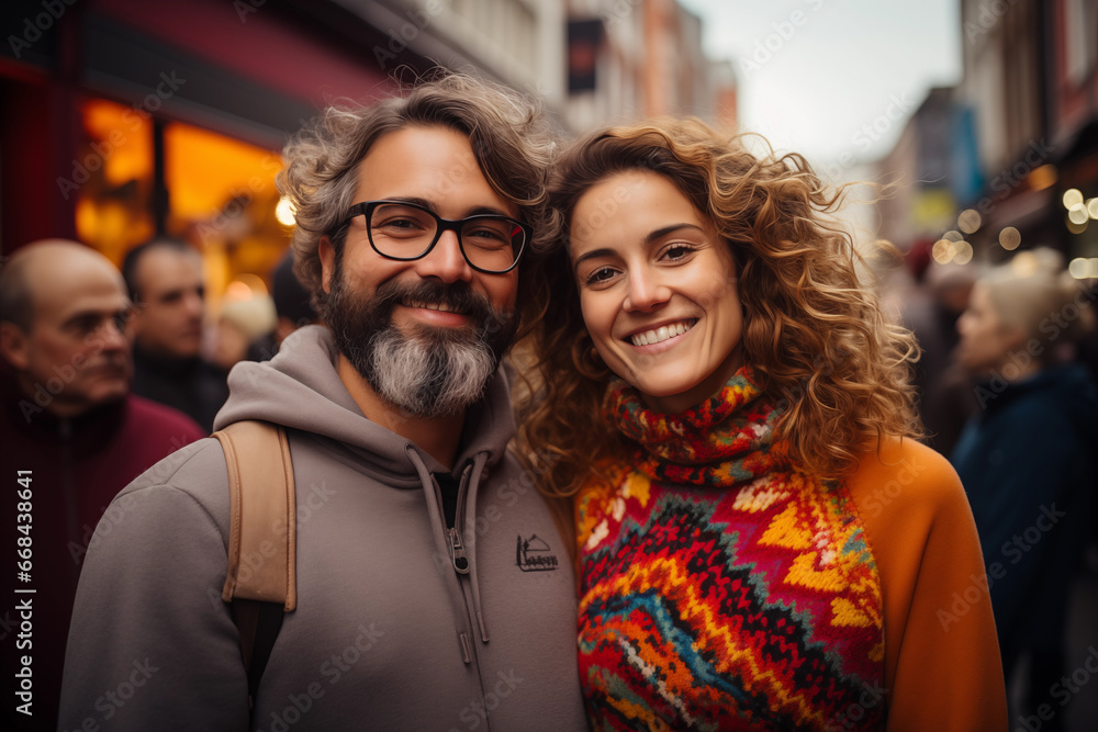 portrait of cheerful couple in knitted sweaters on crowded street with holiday lights portrait of cheerful couple in knitted sweaters on crowded street with holiday lights