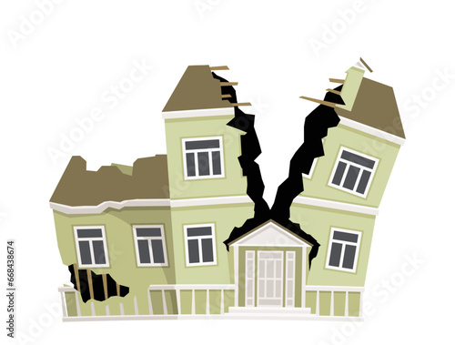 Ruined cracked building. Green home after disaster and catastrophe. Urban architecture with cracks. Demolition and collapse. Cartoon flat vector illustration isolated on white background