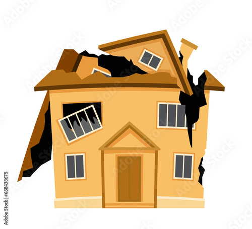 Ruined cracked building. Yellow home after disaster and catastrophe. Graphic element for website. Demolition and collapse. Cartoon flat vector illustration isolated on white background
