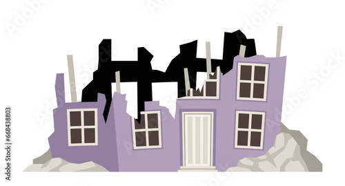 Ruined cracked building. Violet home after disaster and catastrophe. Sticker for social networks. Demolition and collapse, ruins. Cartoon flat vector illustration isolated on white background