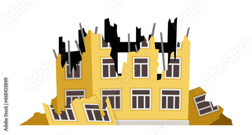 Ruined cracked building. Yellow home after disaster and catastrophe. Debris after war. Demolition and collapse, ruins. Cartoon flat vector illustration isolated on white background