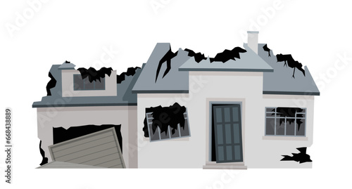 Ruined cracked building. Grey home after disaster and catastrophe. Graphic element for website. Demolition and collapse. Cartoon flat vector illustration isolated on white background