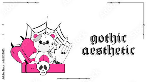 Card with Heart, Teddy Bear toy, hand, skull, web. Inscription Gothic aesthetic. Banner, poster in y2k, 90s, 00s and 2000s style. Emo Goth flyer in black white pink colors. Vector art illustration