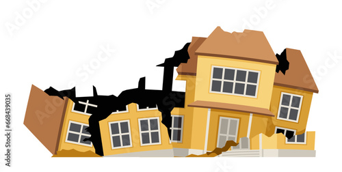 Ruined cracked building. Yellow home after disaster and catastrophe. Template and layout. Demolition and collapse, ruins. Cartoon flat vector illustration isolated on white background