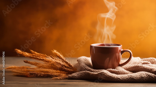 Cozy autumn, Cup of coffee on wooden background, Copy space. Generative AI