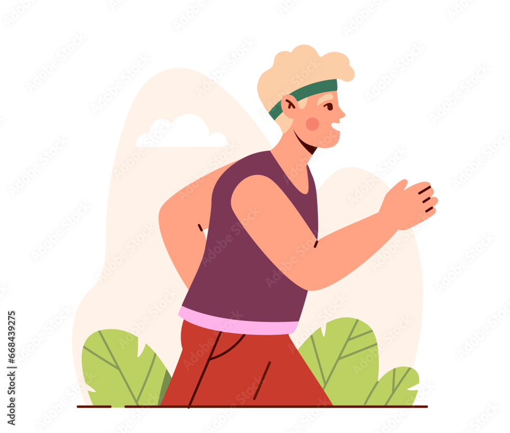 Running person outdoor. Man in green headband. Active lifestyle and sports. Workout and training. Graphic element for website. Cartoon flat vector illustration isolated on white background