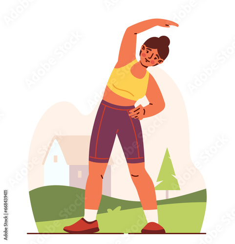 Running person outdoor. Young girl in sportive uniform stretching. Active lifestyle and sports. Graphic element for website. Cartoon flat vector illustration isolated on white background