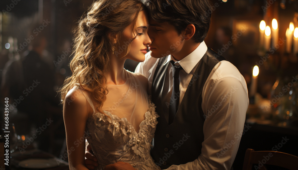 Young couple embracing, smiling, and kissing at their wedding celebration generated by AI Young couple embracing, smiling, and kissing at their wedding celebration generated by AI