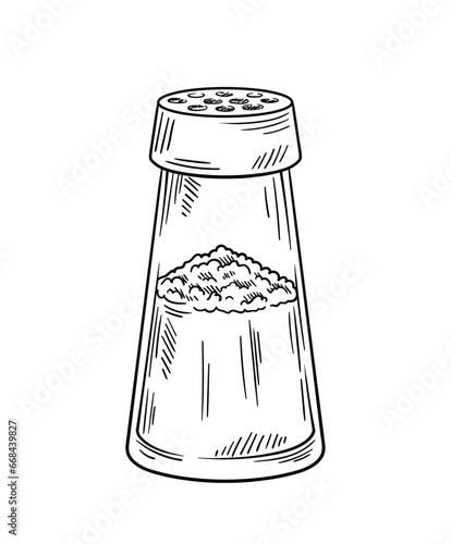 Salt hand drawn sketch. Minimalistic creativity and art. Cooking, preparing food. Salt, sugar or pepper in glass shaker. Linear flat vector illustration isolated on white background