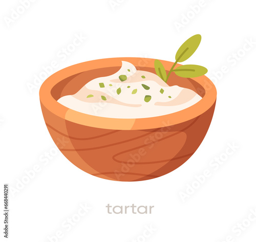 Tasty sauce in plate. Ingredient for tasty dishes. Cafe or restaurant menu. Tartar in bowl. Sticker for social networks and messengers. Cartoon flat vector illustration isolated on white background