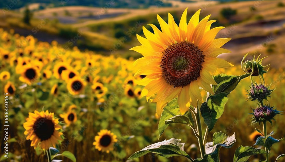 Sunflower, nature vibrant growth, blossoms in meadow yellow beauty generated by AI