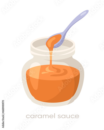 Tasty sauce in plate. Ingredient for tasty dishes. Cafe or restaurant menu. Caramel sauce in glass bowl. Template and layout. Cartoon flat vector illustration isolated on white background