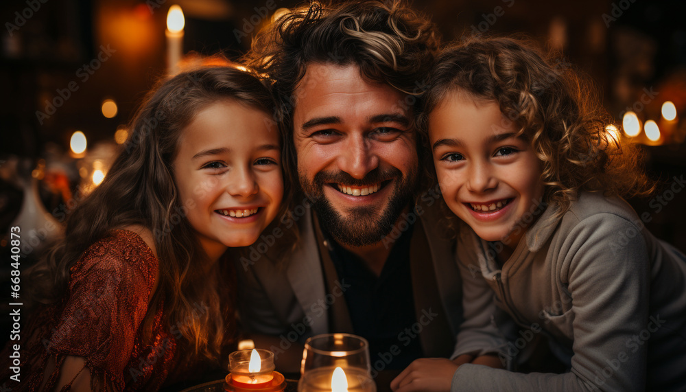 Smiling family bonding, enjoying candlelight, love and togetherness generated by AI Smiling family bonding, enjoying candlelight, love and togetherness generated by AI