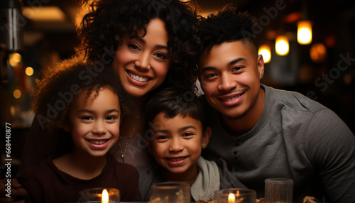 A happy family sitting together  smiling and looking at camera generated by AI
