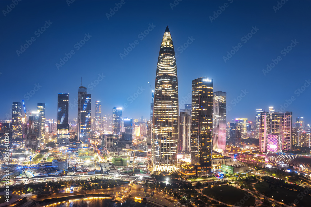 Aerial photography of modern architectural landscape at night in Guangzhou and Shenzhen, China